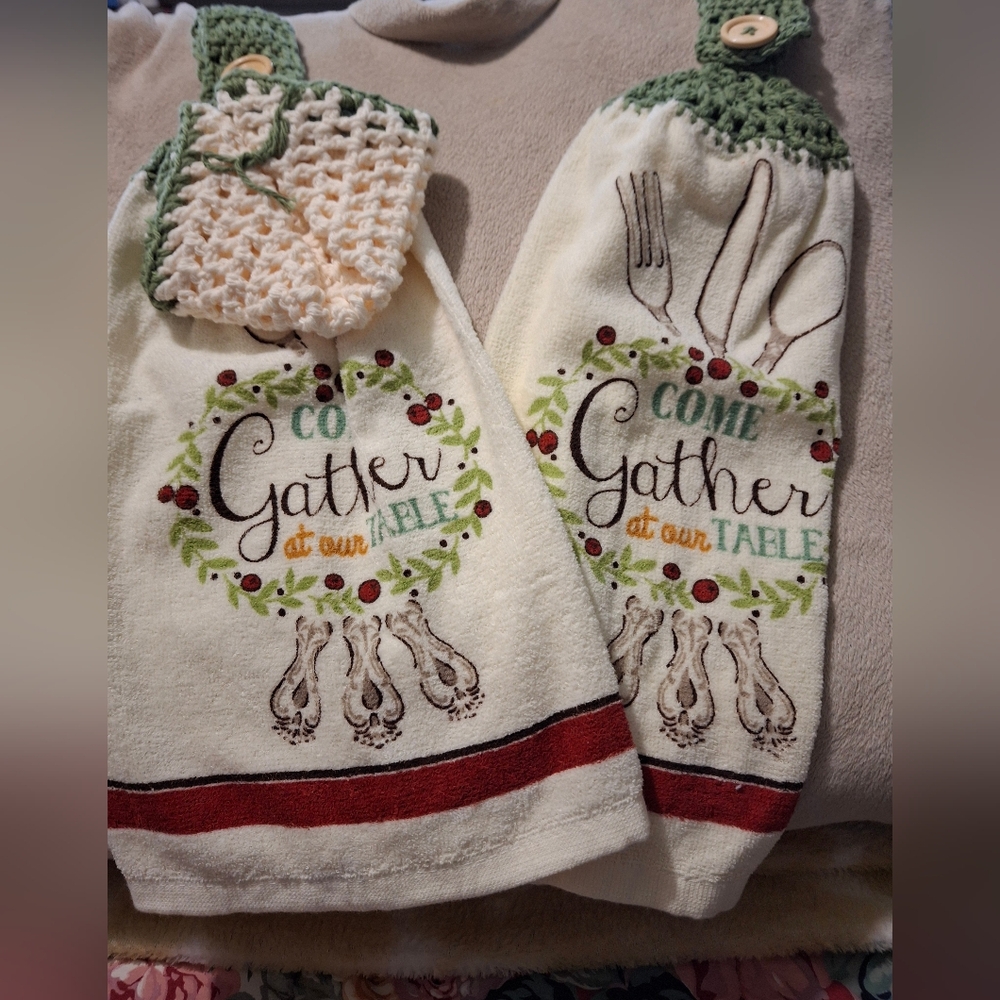 Hand Crafted Kitchen Towels - Cream and Green